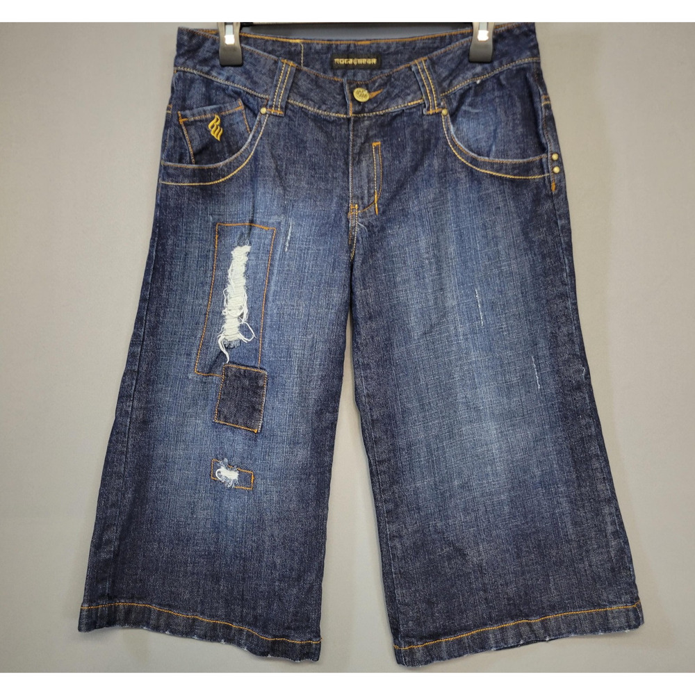 Rocawear Denim Jean Shorts Wpmens Jrs 11 Blue Baggy Y2K Hip Hop Distressed Patch